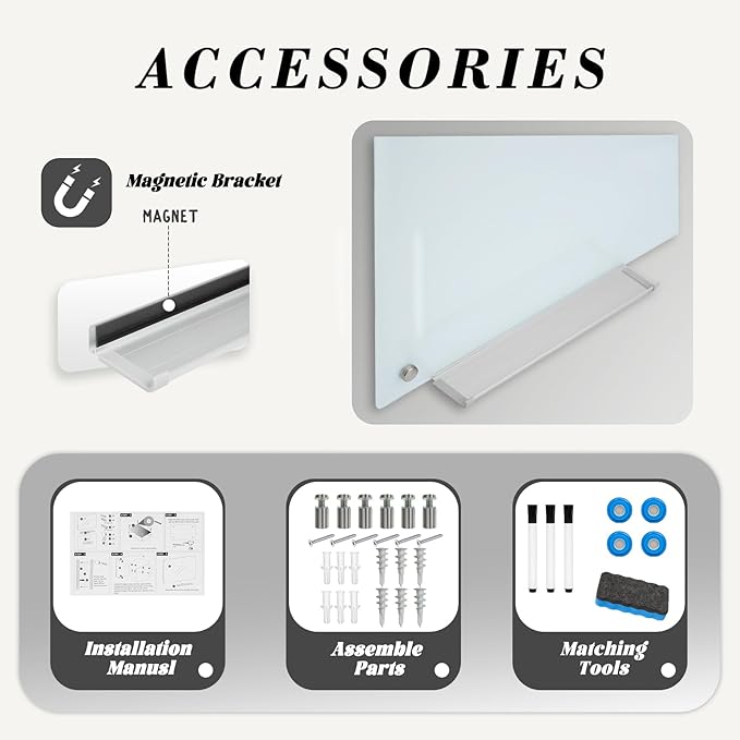 Magnetic Large Glass Board 72"x 48" Dry Erase Writing Board Premium Tempared Galssboard Frameless Message Board with Full Accessories Wall Mounted White Board
