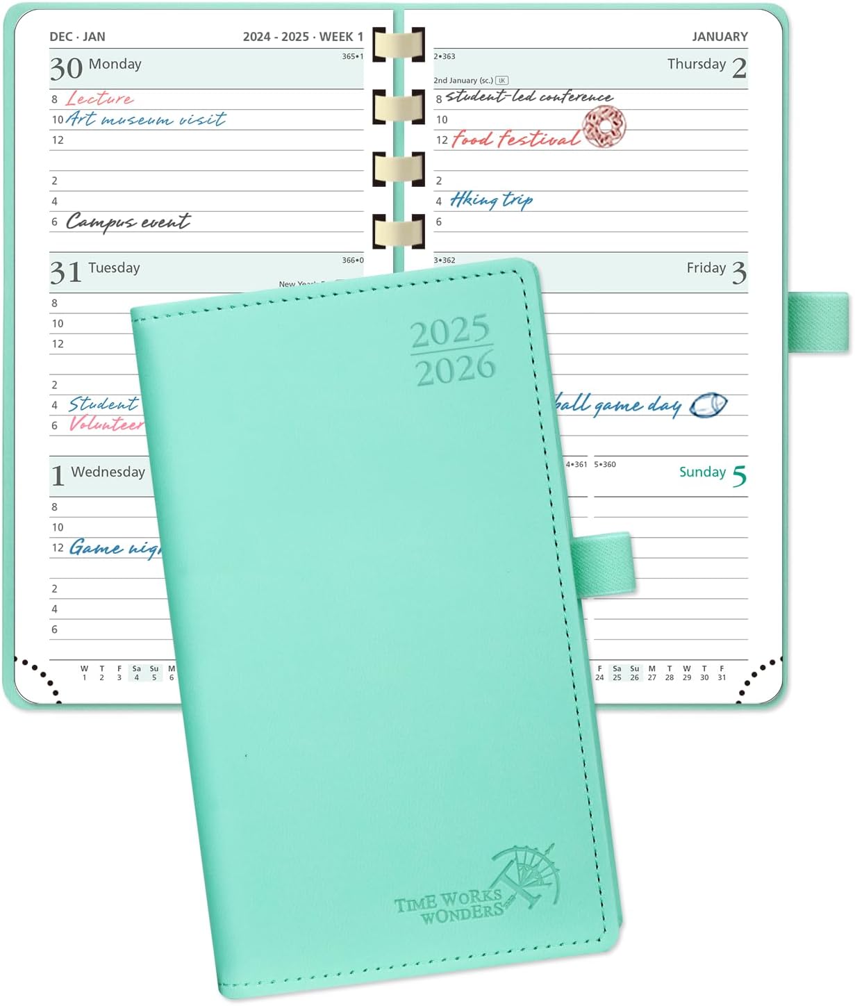 POPRUN Pocket Planner 2025-2026 (Slim Size 3.5'' x 6.5'') Academic Purse Calendar (July 2025 - June 2026) with Hourly Time Slots, 100GSM Thick Paper, Spiral Soft Cover - Green