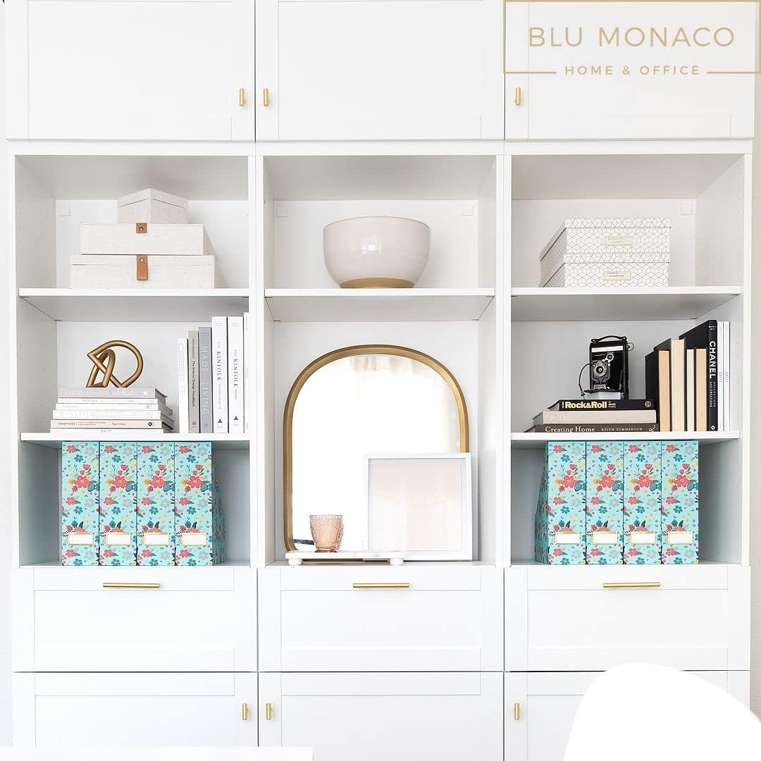 BLU MONACO Floral Magazine Holder, Set of 4 Foldable Magazine File Boxes, Aqua Floral Pattern with Gold Label Holder, Vertical Desk Organizer and Binder Holder