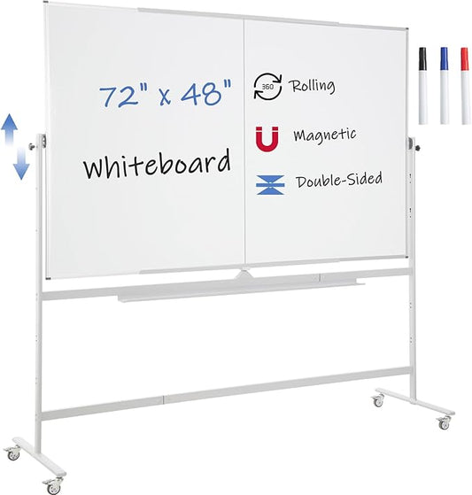 FORTUNO Large Magnetic Mobile Whiteboard 72"x48", Rolling Double Sided Stand Whiteboard on Wheels, Reversible Adjustable Height/Angle Dry Erase Board 6' x 4' Easel White Board for Office Classroom