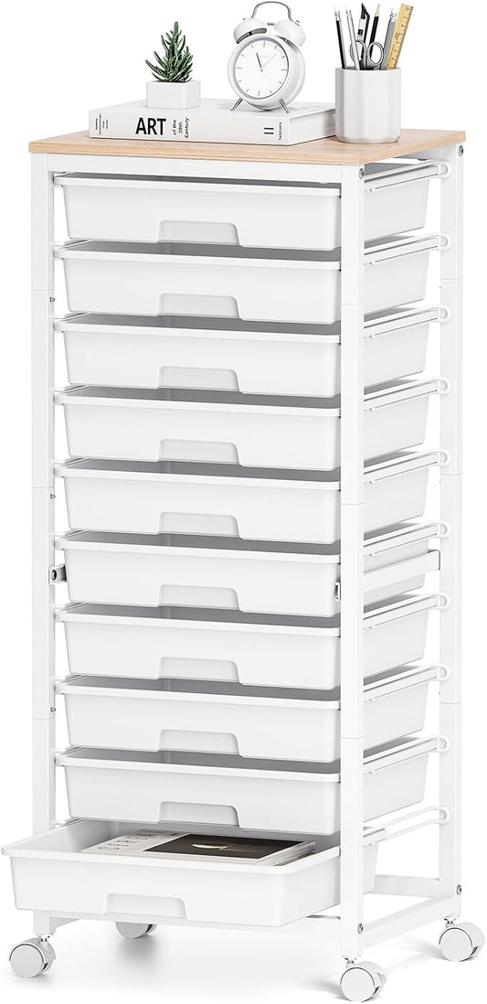 Rolling Cart with Drawers,10 Drawer Rolling Cart,Storage Cart with Wheels,Utility Cart with Drawers,Teacher Cart for Classroom Storage,Craft Cart with Wheels and Wooden Tabletop,White