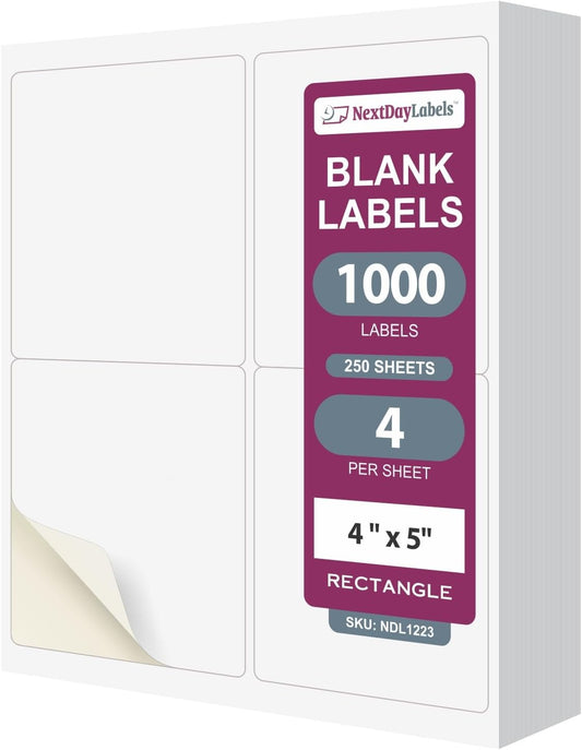 NextDayLabels – 4” x 5” Rectangular Sticker Labels for Printer - White Laser/Inkjet Printer Labels Return Address Labels Shipping Label Stickers (250 Sheets, 4 Per Sheet, 1000 Labels)