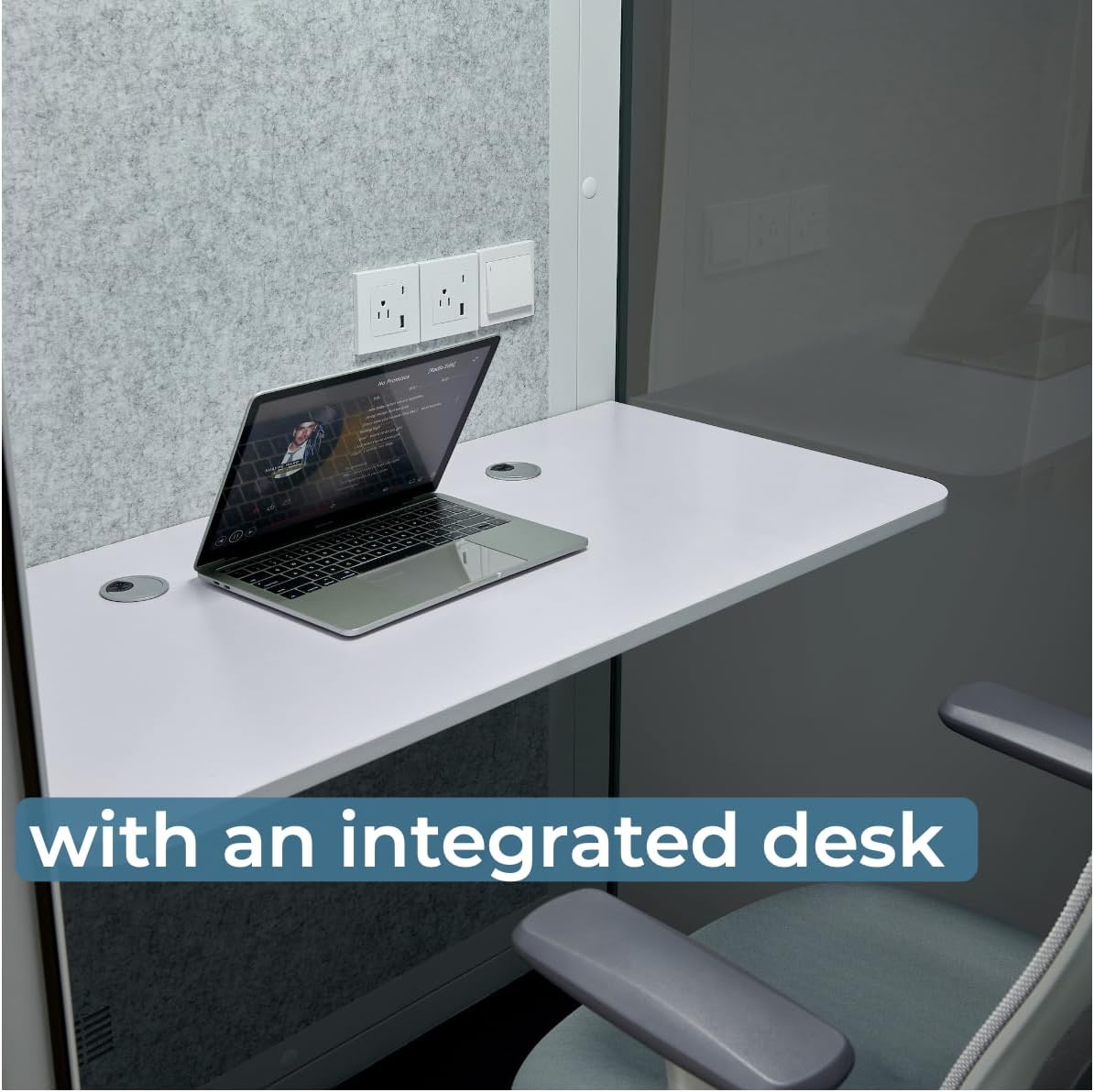 Solo Office Pod, Sound Pod, Mobile Office Pod Booth, SoundProof Booth for Office, Privacy pod, Mobile Roller with Desk, LED Light, Centrifugal Fans and AC USB Ports - White/Smoked Glass