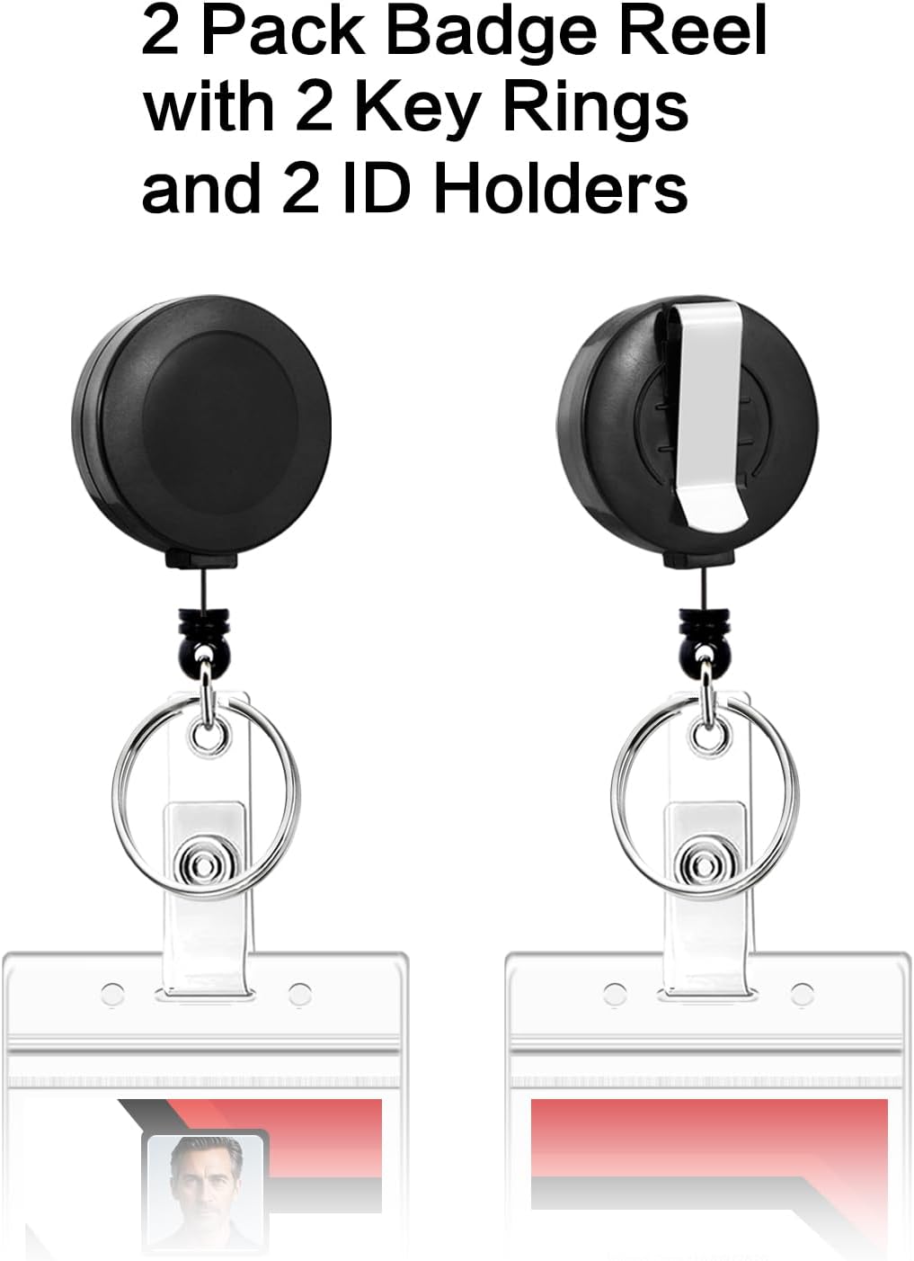 2 Pack Badge Reels Retractable with Key Rings, ID Badge Holder with 2 pcs Waterproof Extra Thick ID Card Holders, Belt Clip (Black)