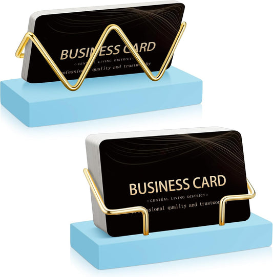 Amyhill 2 Pieces Wood Business Card Holder for Desk Wooden Business Card Display Stand Postcard Holder for Office Home Desktop (Blue Color, Gold)