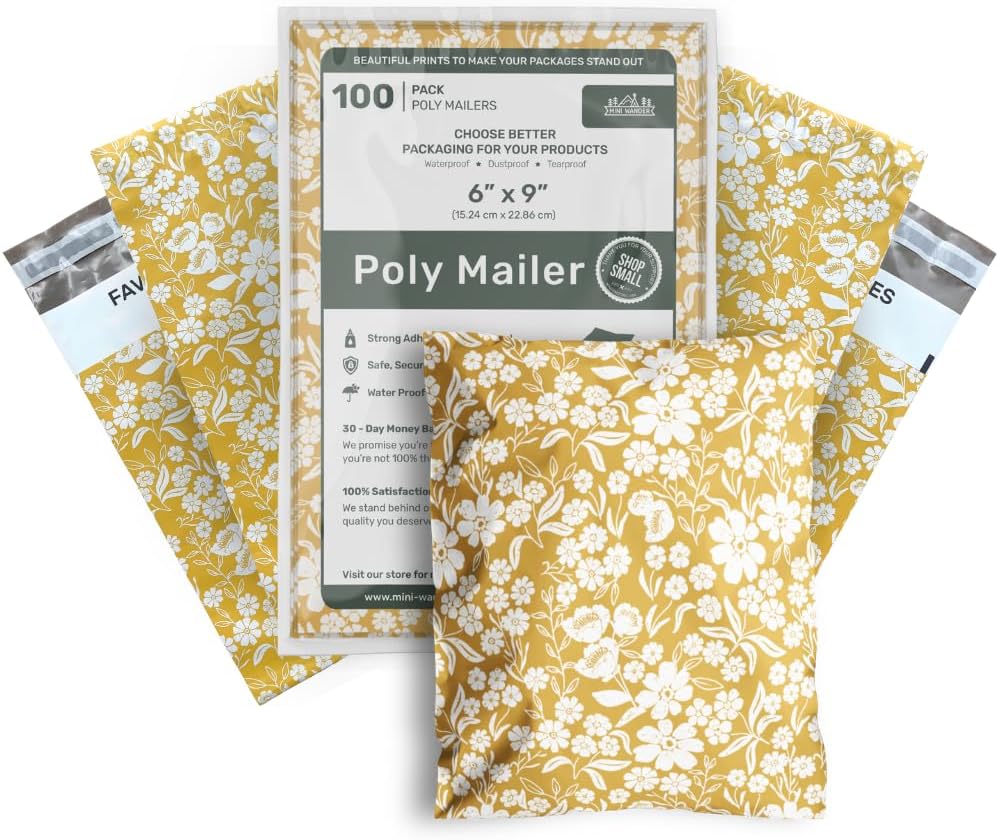 Poly Mailers 6x9 Inch 100 Pack Small Shipping Bags Strong Thick Mailing Envelopes | Self Sealing Adhesive | Waterproof & Tear Resistant | Small Business Packaging for Clothing - Floral Mustard Yellow