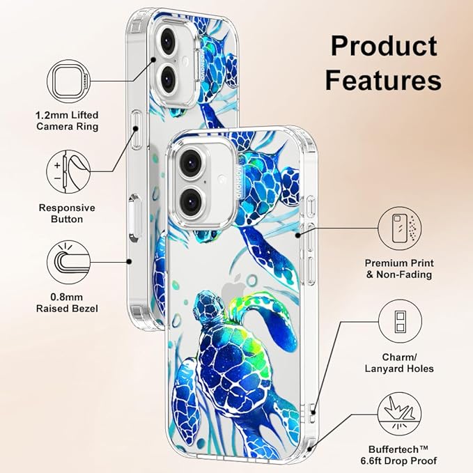 MOSNOVO Case for iPhone 16, [Buffertech 6.6ft Military-Grade Drop Protection] [Anti Peel Off Tech] Clear TPU Bumper Phone Case Cover Design - Sea Turtles