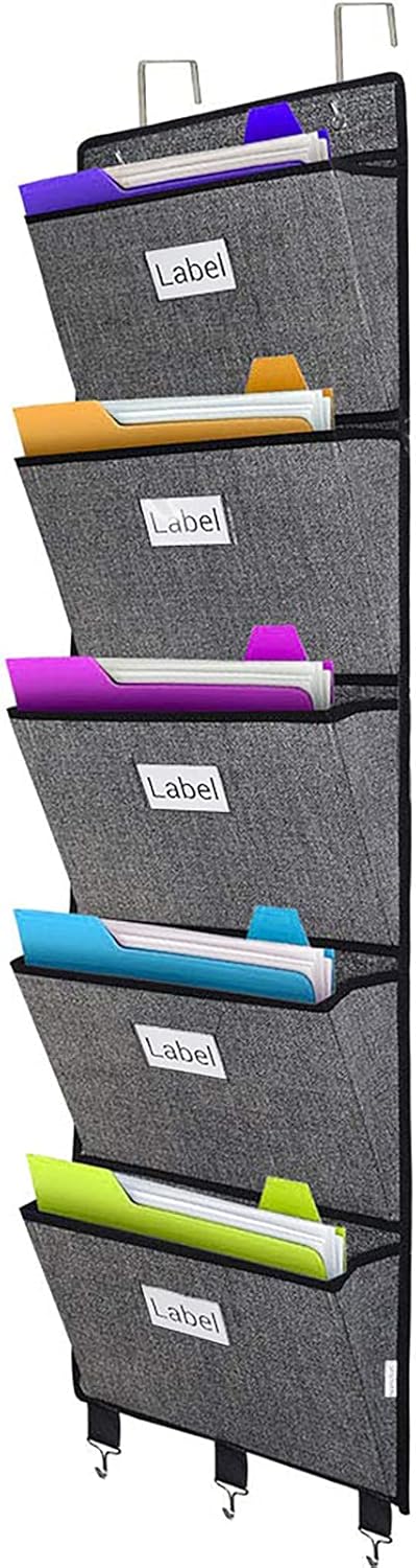 homyfort Over the Door File Organizer Hanging File Folders, Wall Organizers and Storage for Mail, Magazine, Notebooks, Planners, Office, Classroom, 5 Extra Large Pockets (Black with Pattern)