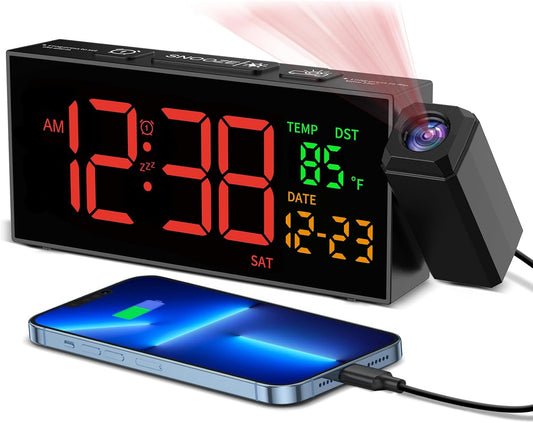 Netzu Projection Clock for Bedroom Ceiling, Alarm Clocks with 180° Rotatable Projector, Date Temperature and Weekday, Manual DST, 5 Brightness, 10 Ringtones, 4 Volumes and Snooze