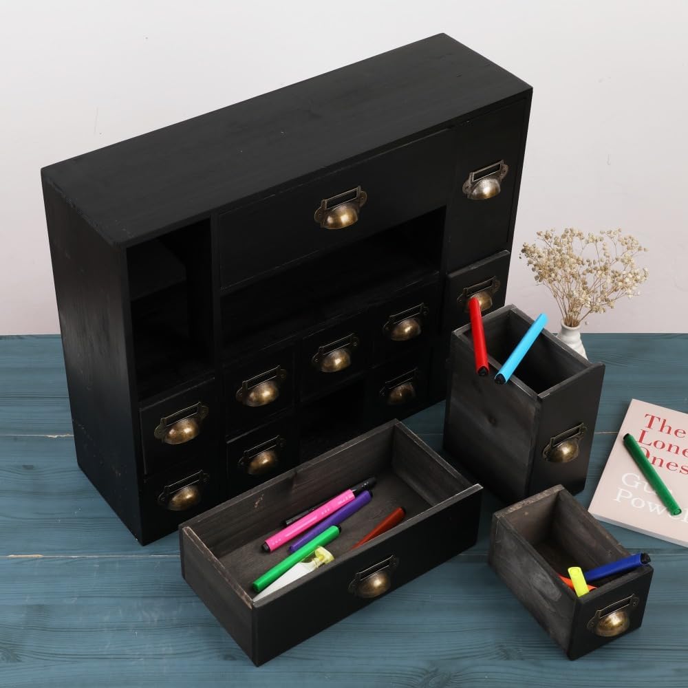 Apothecary Drawers Card Catalog Cabinet with 14 Drawers Wooden Card Catalog Wooden Storage Box for Desktop Organizer (Black)