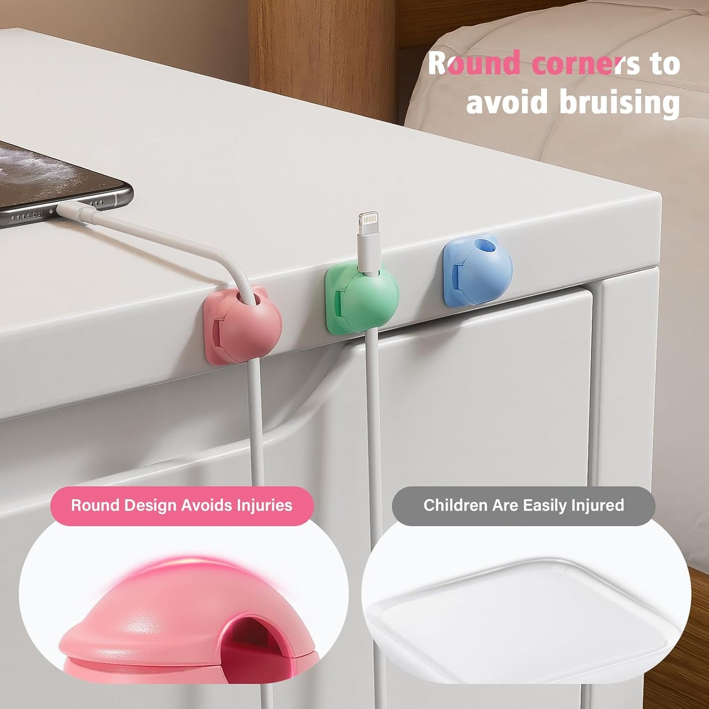 6 Pack Cord Holder Organizer, [1-Handed-Operation] Magnetic Cable Clips, Phone Cord Clips Holder with 2 Extra Reusable Strong Adhesive for Nightstand Desk Car Workspace Office Accessories, Colored