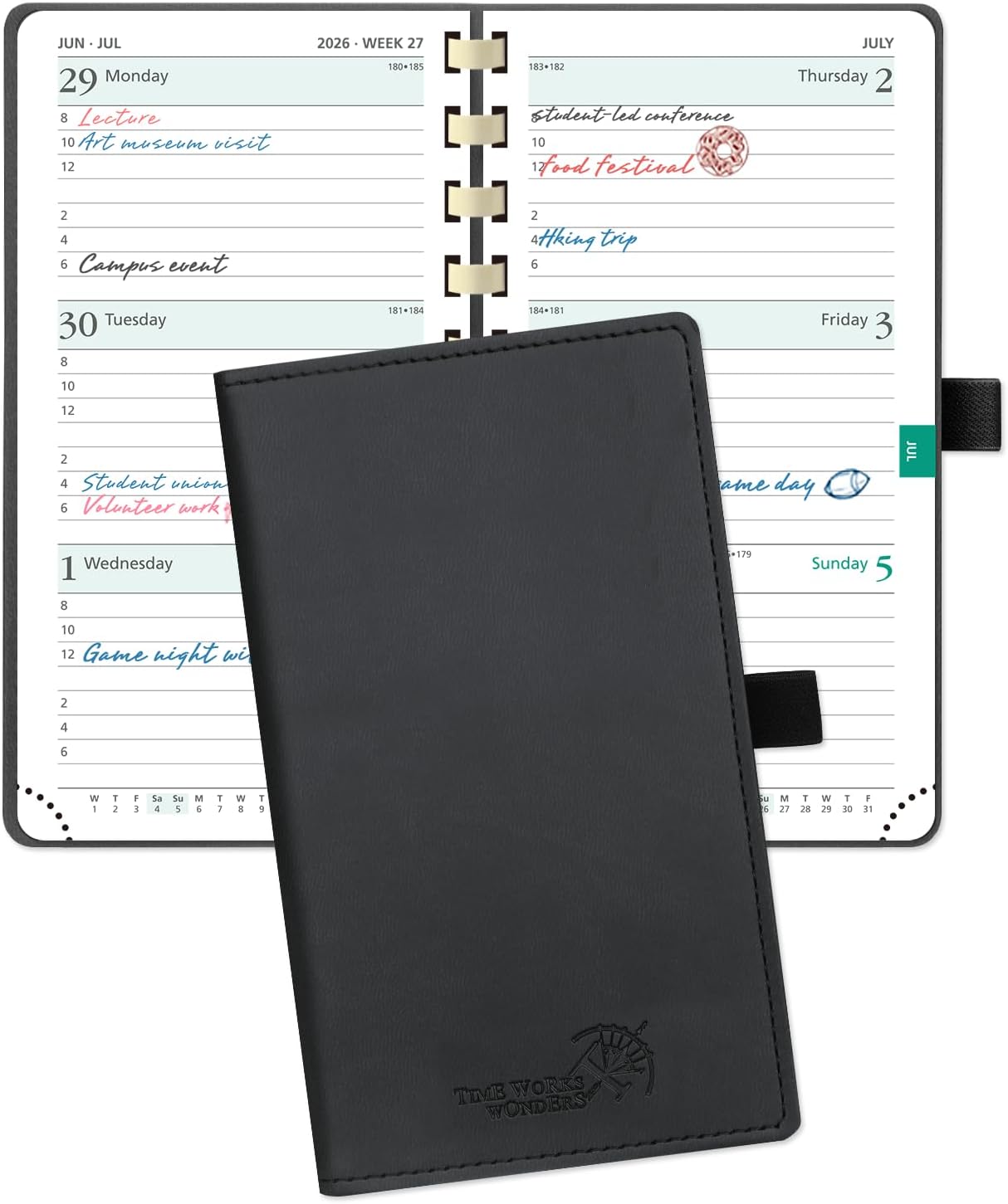 POPRUN 2026 Pocket Planner (Slim Size 3.5" x 6.5") Weekly and Monthly Calendar for Purse, with Hourly Time Slots, 100GSM Thick Paper, Spiral Soft Cover, Pen Holder - Black