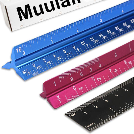 Set of 3 Aluminum Engineering Scale Metal Ruler Set, Architectural Scale Rulers 12 Inch and 6 Inch Triangle Ruler and 12 Inch Straight Edge Ruler Drafting Tools for Architects, Draftsman