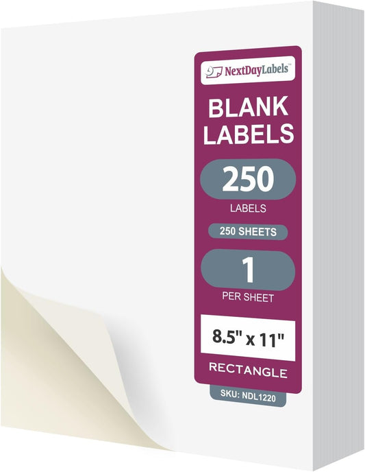 NextDayLabels - Full Page Labels 8.5 x 11 - White Shipping Labels - 8.5 x 11 Label Paper for Printer - Large Blank Matte Sticker Printer Paper - Laser/Inkjet Printer Labels (1 Per Sheet, 250 Labels)
