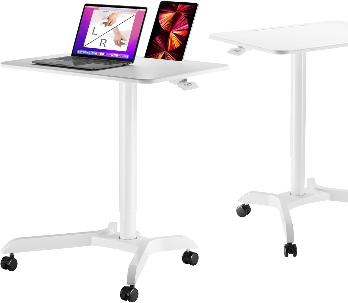 AVLT 48" Ambidextrous Standing Desk, Mobile Adjustable Height Rolling Laptop Desk, Folding Computer Projector Cart with Brake Casters, Portable White Desk for Home Office
