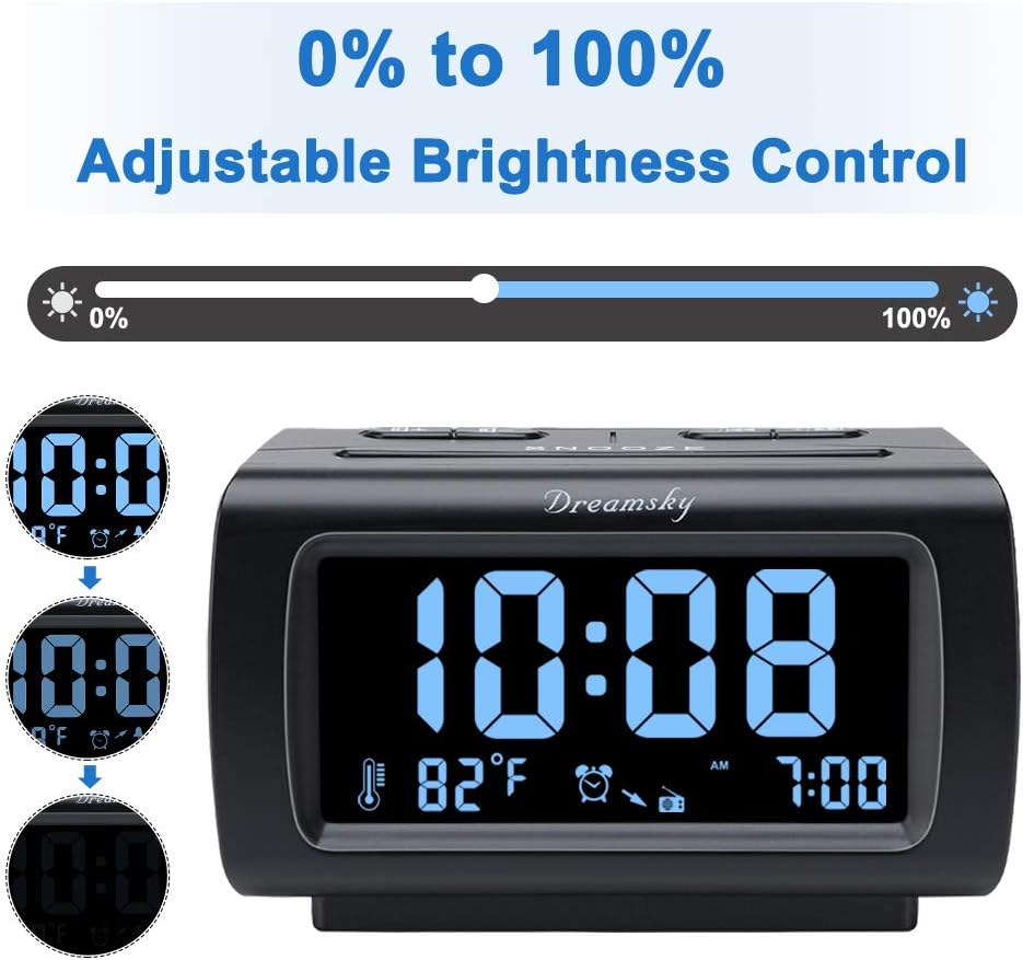 DreamSky Alarm Clock Radios for Bedrooms with Battery Backup, Large Big Numbers with Brightness Dimmer, USB Port, Bedside Digital FM Radio with Sleep Timer, Temperature, Adjustable Volume, Snooze