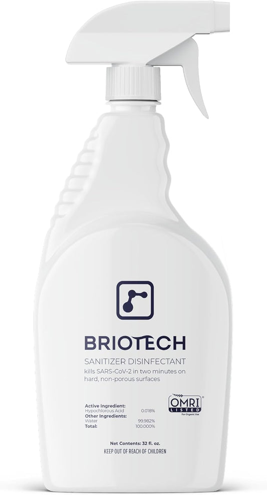 BRIOTECH Sanitizer Disinfectant Hypochlorous Spray, Kill 99.99% of Viruses & Bacteria, Control Mold, Eliminate Odor, Gentle for Nursery & Play Rooms, Food Contact Surface Sanitizer, 32 fl oz