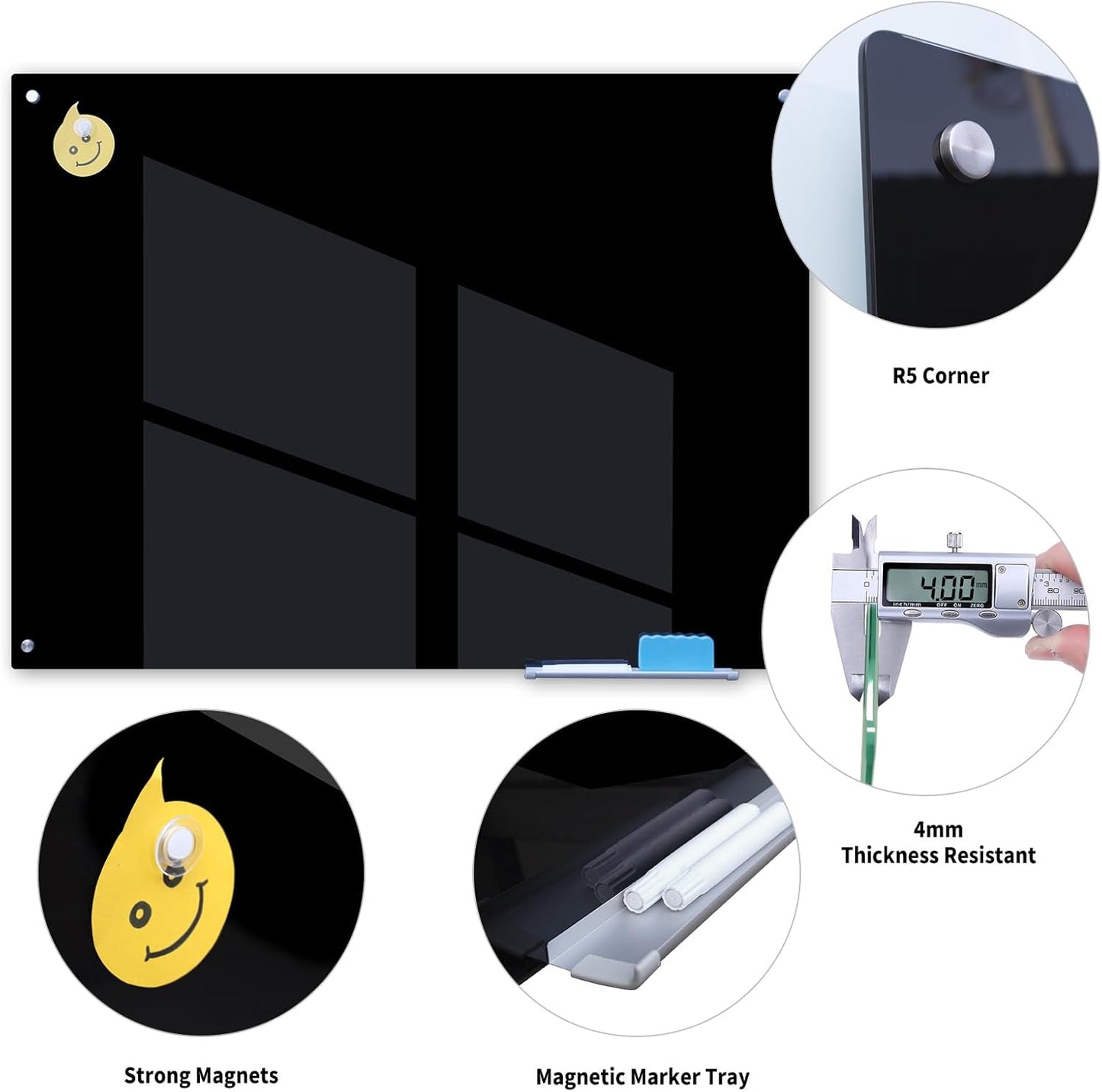 Magnetic Glass Whiteboard 48" x 36" Dry Erase Board Frameless Premium Tempered Galssboards Wall Mounted Glossy writeboard with Eraser, Marker Tray for Interactive Office, (Black)