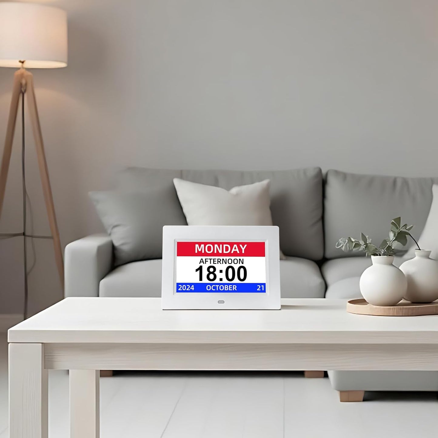 Digital Calendar Alarm Clock for Seniors - 7" Large Display with Day/Date, 12 Custom Alarms & Auto-Dimming | Medication Reminder, Dementia-Friendly Design, Easy Read (White)