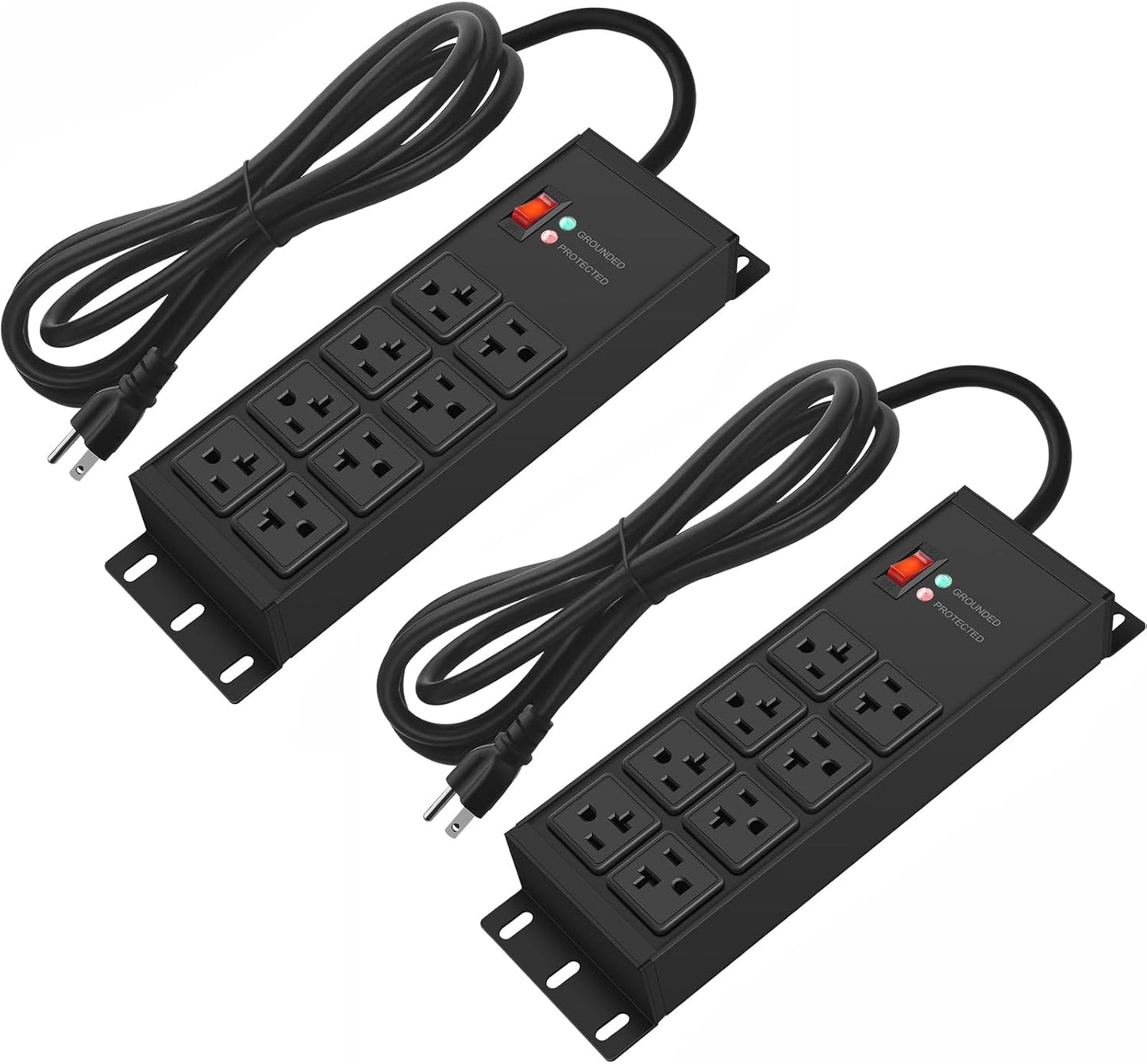 CCCEI 2PCS Heavy Duty Power Strip Surge Protector 20 AMP, 8 Outlets 12 Gauge Shop Garage Metal Multiple Outlets, 4 FT Extension Cord 5-15P Adapter High Amp 6-20R T-Slot 20a for Appliance Black.