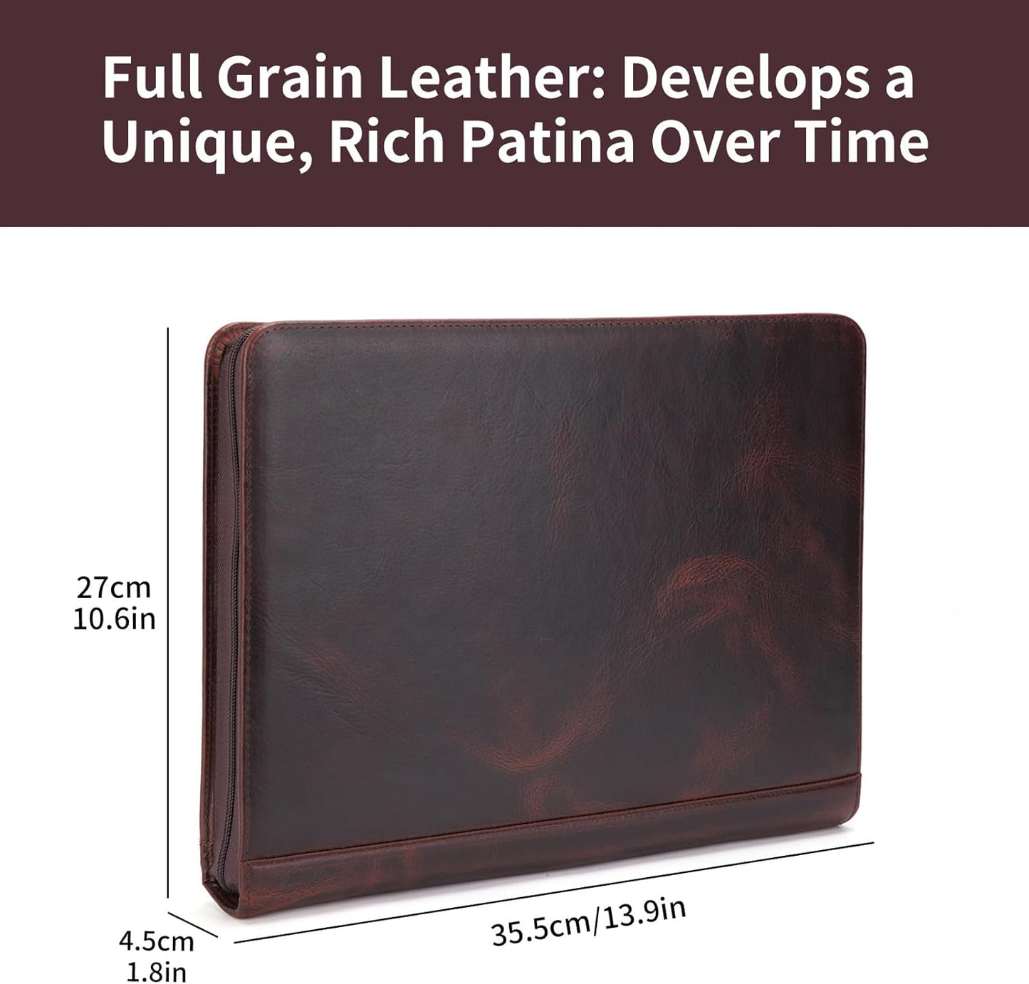 Personalized Genuine Leather Portfolio for Women and Men, Custom Engraved 8.5 x 11 Legal Padfolio, Zippered Notebook Laptop Organizer, Business Executive Folio for Work, Dark Brown, Oil Tanned
