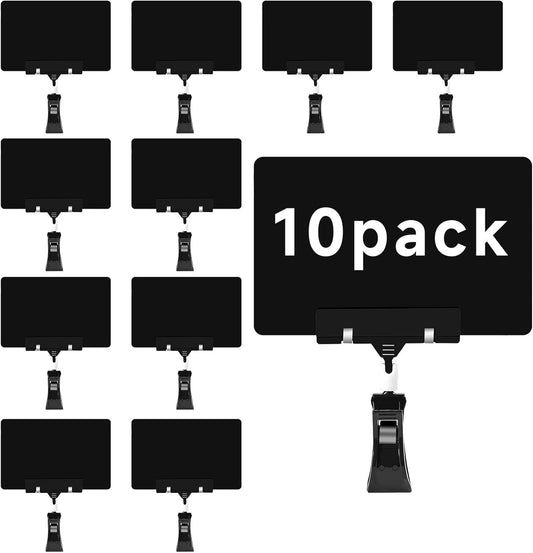 10 Pack Mini Plastic Chalkboard Sign with Clip, Double Sided Rotating Reuse Price Signs for Business Retail Food Clothing Rack Shelf Basket, Clip on Sign Holder (Black)