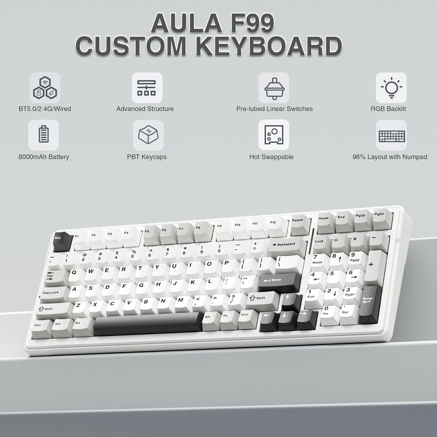 AULA F99 Wireless Mechanical Keyboard,Tri-Mode BT5.0/2.4GHz/USB-C Hot Swappable Custom Keyboard,Pre-lubed Linear Switches,RGB Backlit Computer Gaming Keyboards for PC/Tablet/PS/Xbox