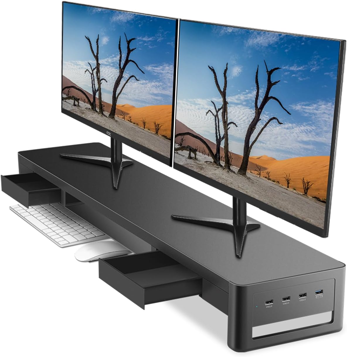 meatanty Dual Monitor Stand Riser with 2 Storage Drawers and 4 USB Ports, Metal Stand for 2 Monitors Supports Data Transfer and Charging, Desk Organizer for PC, iMac (38.7 inches)