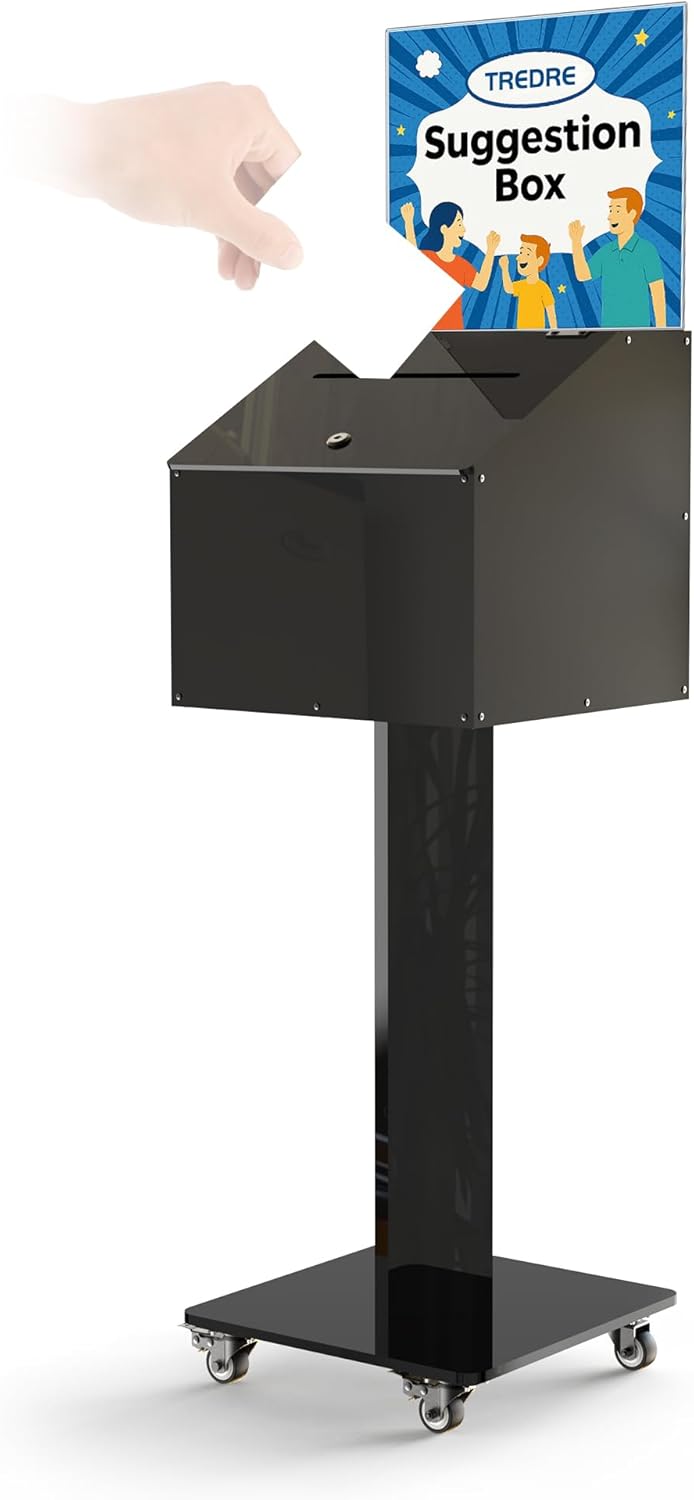 MOOFI Acrylic Suggestion Box with Lock and Key for Office, Home, Event Donation with Stand for Charity Church Collection Offering/Raffle Ballot Box with Sign Holder Display Stand (WithSignHolder)