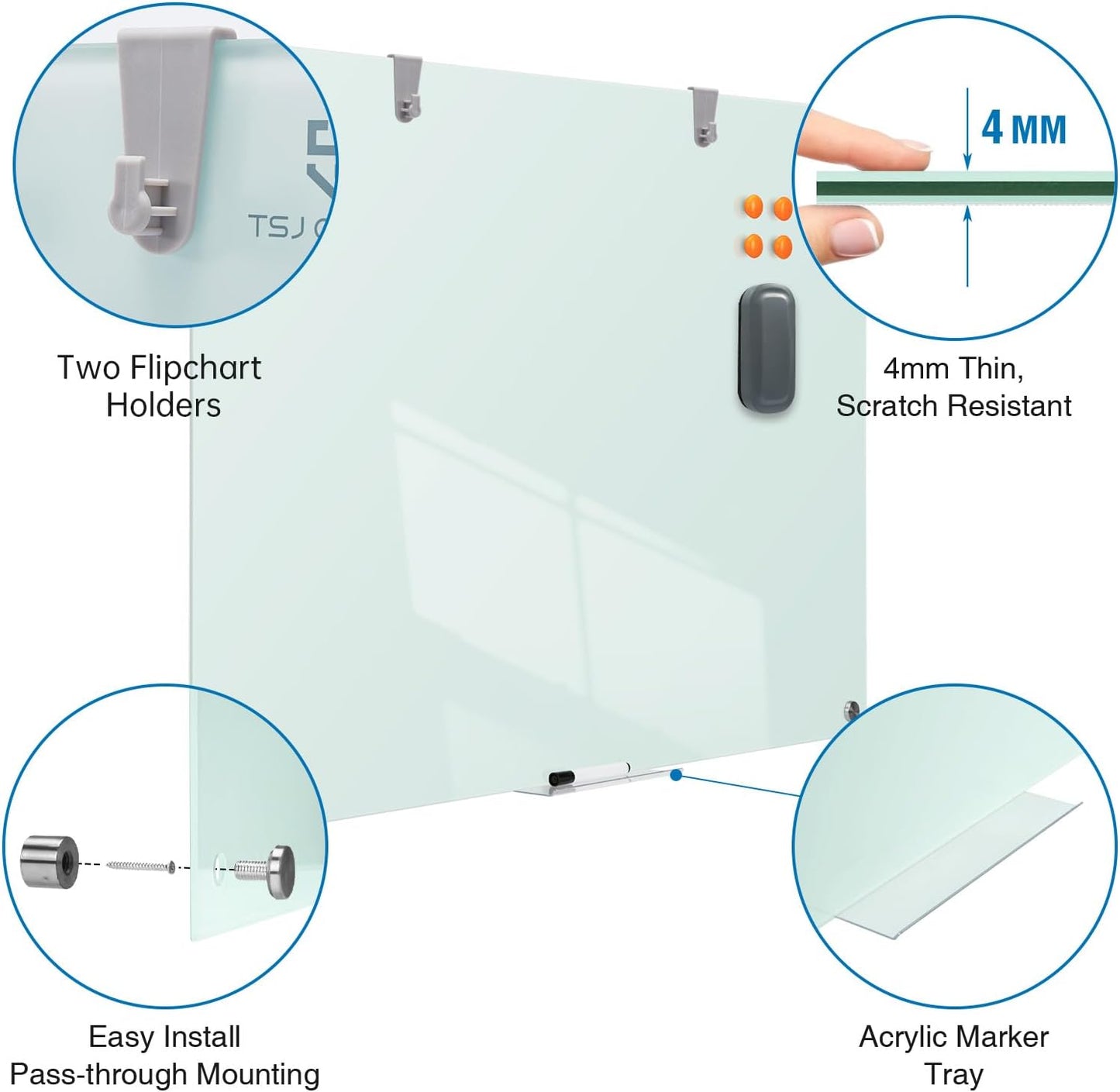 TSJ OFFICE Glass Dry-Erase Board - 48 x 32 Inches Wall Mounted Glass Magnetic Whiteboard, Large Frameless White Board for Office, Home & School