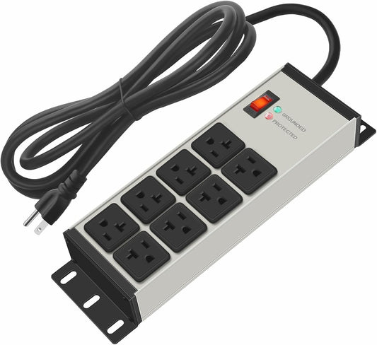 CCCEI Grey Heavy Duty Power Strip Surge Protector 20 AMP, 8 Outlets 12 Gauge Industrial Shop Garage Metal Multiple Outlets, 20 FT Extension Cord 5-15P Adapter High Amp 6-20R T-Slot 20a for Appliance