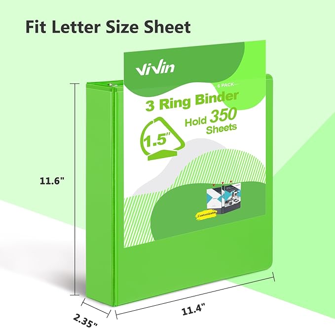 ViVin Sturdy 1.5 Inch 3 Ring Binder with Pockets, Slant-D Ring, PVC-Free, Customizable Clear View Binder,Holds 350 Sheets of 8.5" x 11" Paper, 6 Pack (Ivy Green)