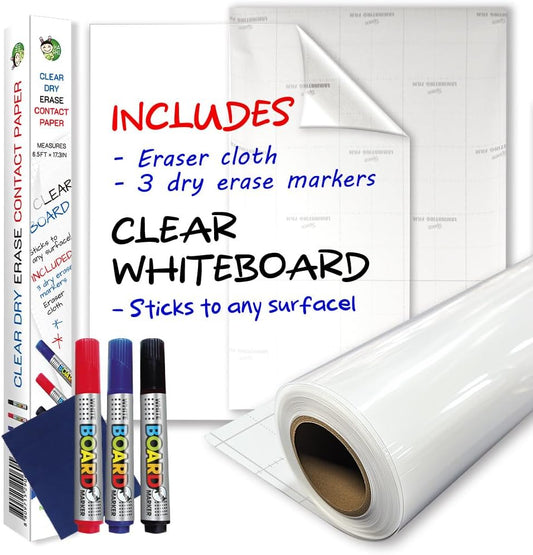 Clear Adhesive Sheets Roll on Wall 18 x 78Inch (6.5 Ft), Includes 3 Dry Erase Markers, Bulletin Board Paper, Clear Adhesive Vinyl Sheets, Transparent Contact Paper, Peel and Stick Film by HA SHI