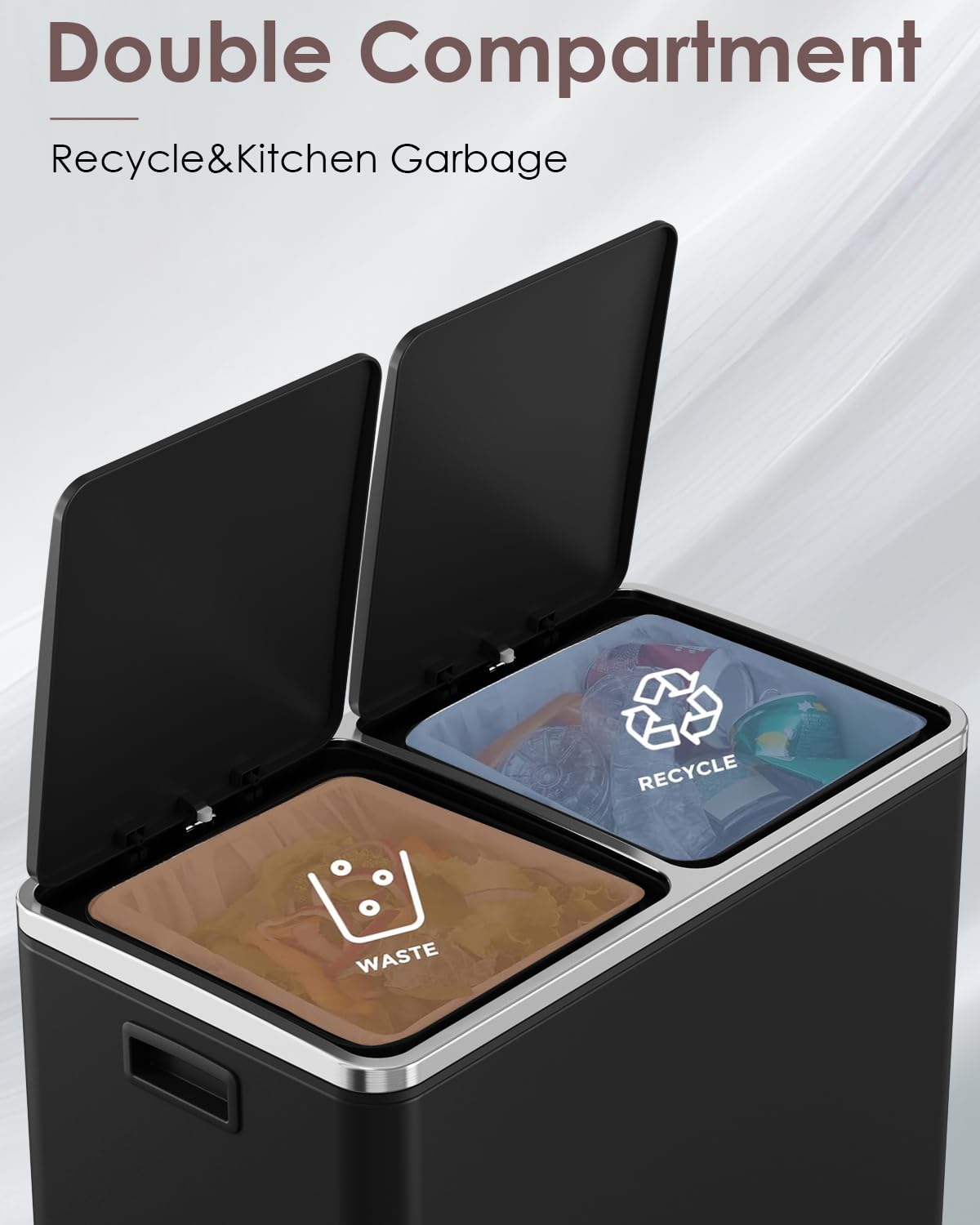 Arlopu 16 GallonStainless Steel Trash Can, 60L Dual Compartment, Metal Kitchen Step Recycle Bin, Metal Double Dustbin, in-Home Garbage Rubbish Can W/Removable Liner Buckets (Black)