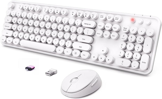 Wireless Keyboard and Mouse Combo, Ergonomic Full Size Typewriter Retro Round Keycaps Keyboard, Compatible with Windows, PC, Perfer for Home and Office Keyboards（White）