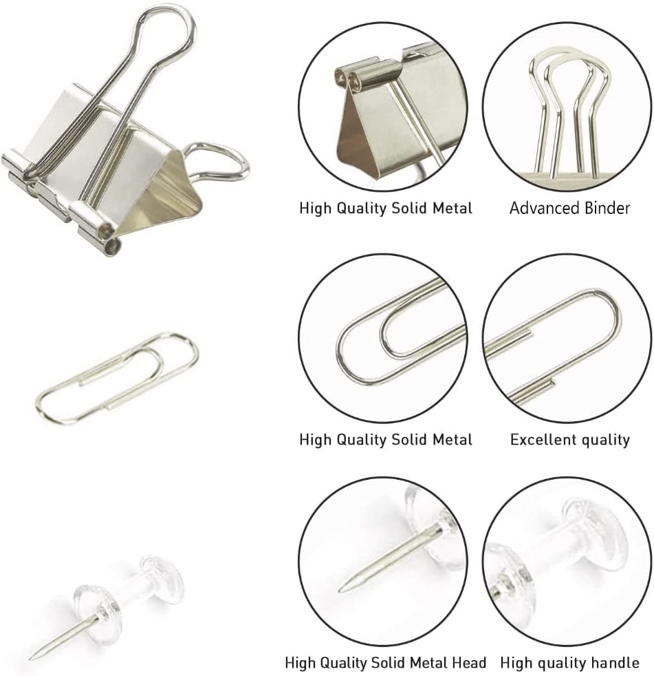 Silver Binder Clips and Paper Clips Push Pins Tacks Sets, Total 72 PCS Assorted Sizes Office Supplies Set for Women, Student, School, Home & Desk Supplies