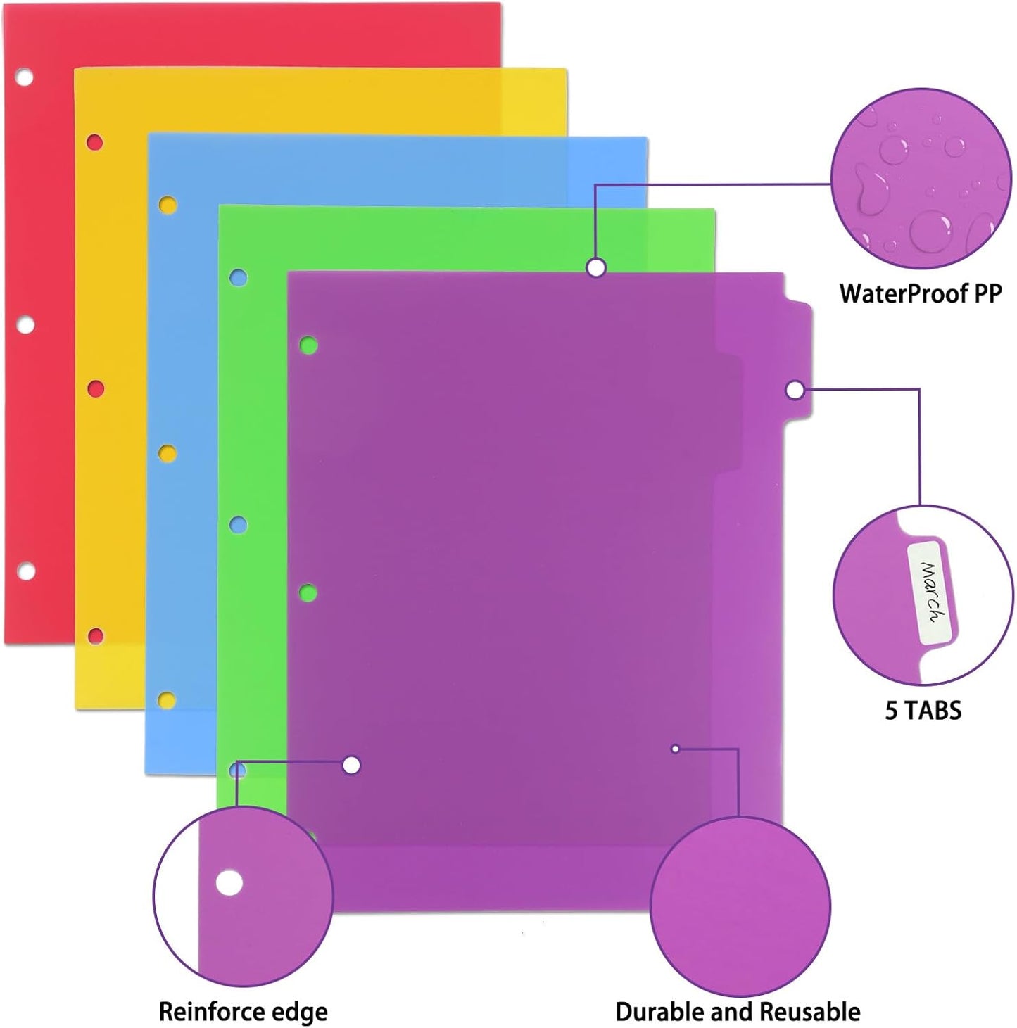 3 Sets Colorful Binder Dividers with Tabs,Plastic Index with 5 Tabs,Big Tab Dividers for 3 Ring Binder