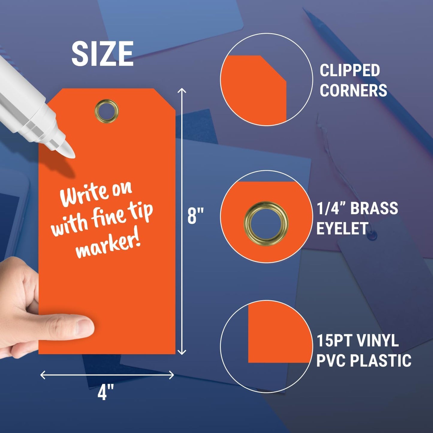 Tags 4 Less 15 Mil Waterproof Plastic Tags, Pack of 100 – 4” x 8” Heavy Duty Plastic Tags for Labeling, Outdoor Tagging, Equipment Labeling, Luggage, Valves & More (Orange)