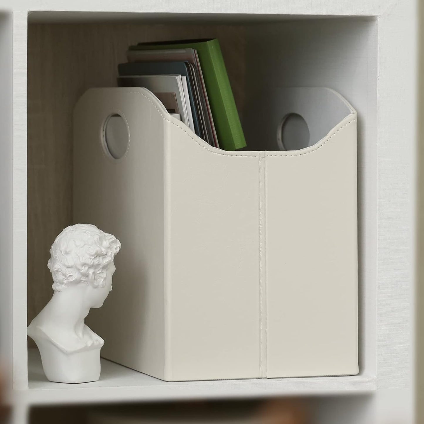 EZDeco Magazine Holder Foldable Magazine Rack Floor PU Leather File Holder Newspaper Book Storage Basket Document File Folder Organizer for Office Home (Off-white-1)