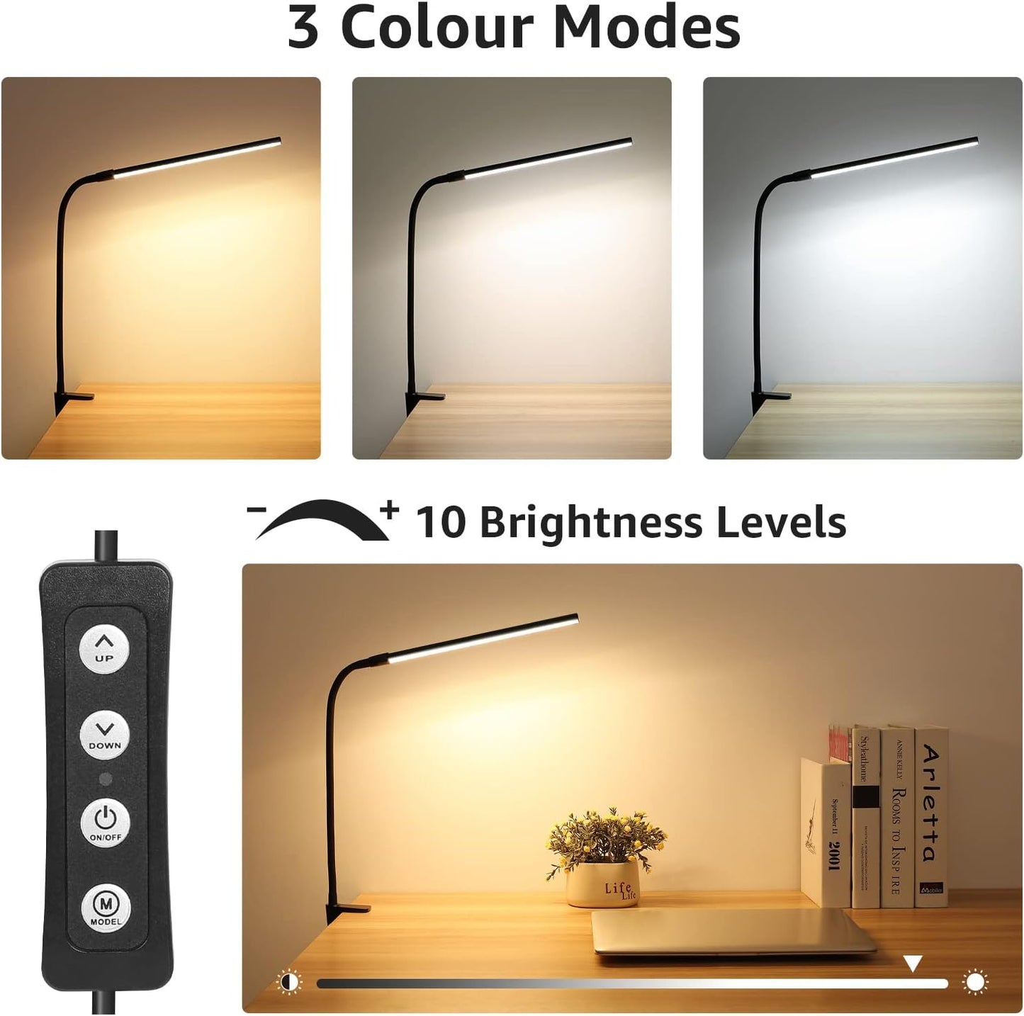 Lepro Clip on Desk Lamp LED Reading light Dimmable USB Small Clamp Lamp with 3 Color Modes 10 Brightness, Adjustable Flexible Gooseneck Table Light for Bed Headboard, Nail, Home Office,Computer(Black)