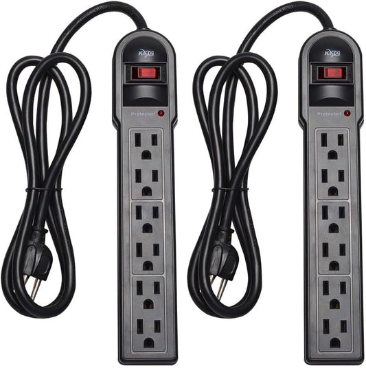KMC 6-Outlet Surge Protector Power Strip 2-Pack, 900 Joules, 4-Foot Extension Cord, Overload Protection, Black