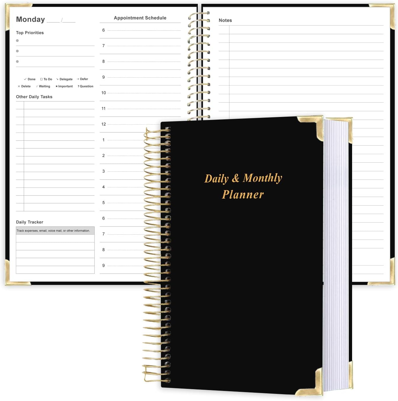 Undated Daily Monthly Planner for 2025 2026 - A5 To Do List with Hourly Schedule, Hardcover Spiral Bound Daily Planner to Increase Focus, Stylish School/Office Supplies, 5.8" x 8.5", Black