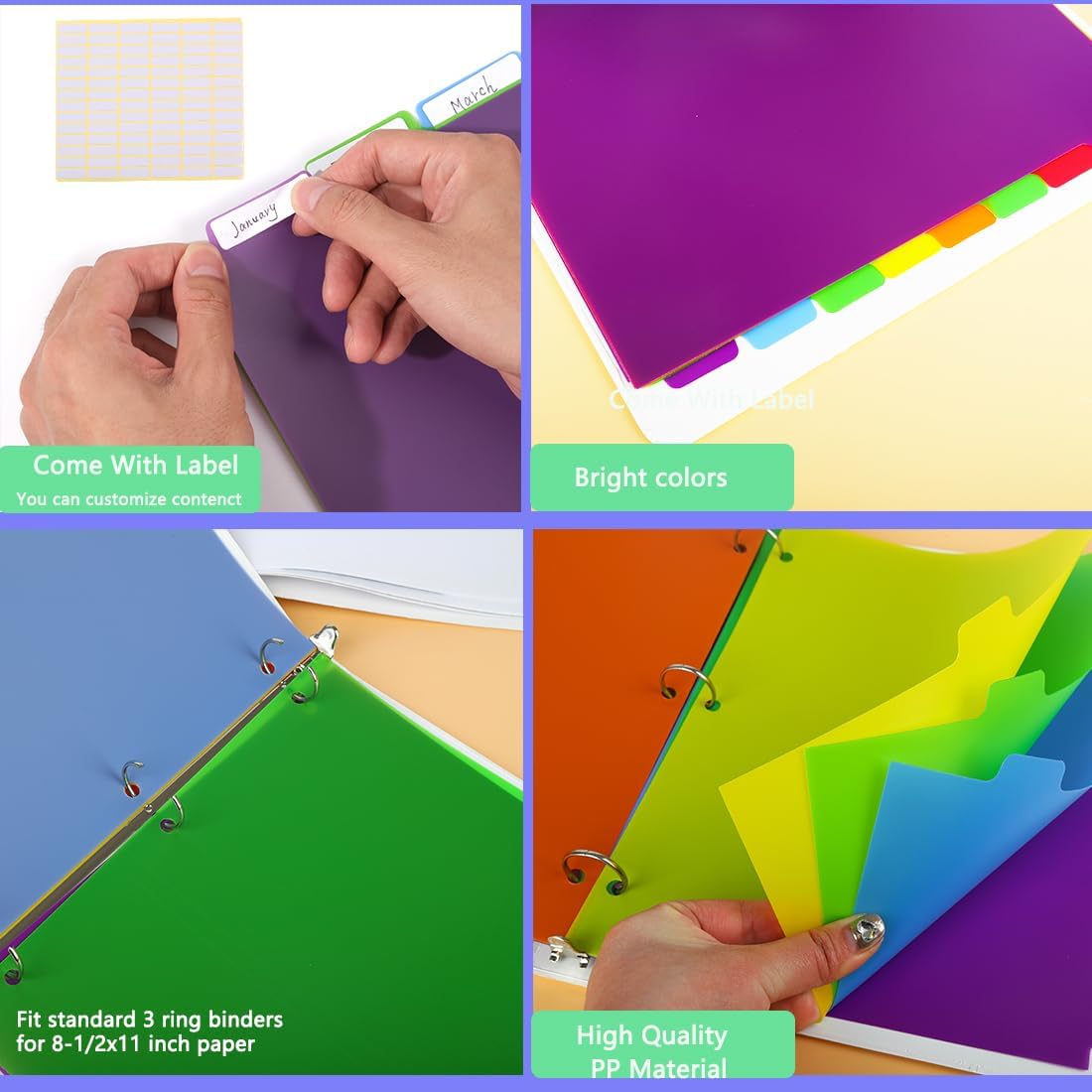 Binder Dividers for 3 Ring Binder, 8 Tab Set, Durable Plastic Tabs with Tabs, Customizable with 42 Labels, Assorted Colors for Office, School, Letter Size