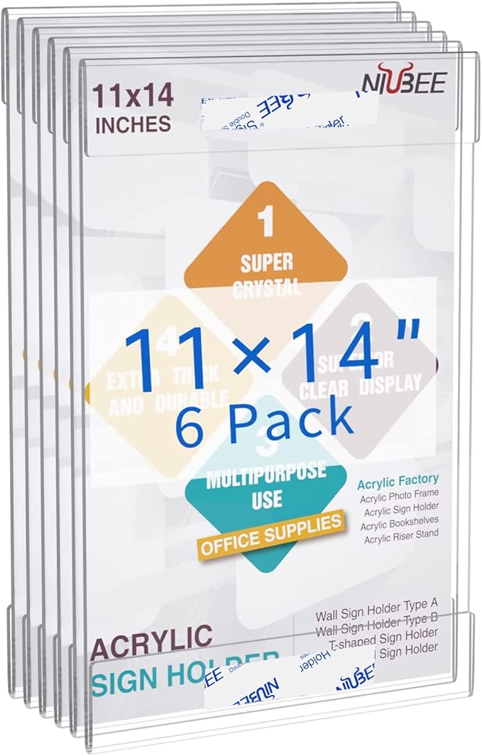 Niubee 11x14 inch Wall Mount Acrylic Sign Holder with Double Sided Adhesive Tape for Office, Home, Store, Restaurant, No Drilling - Vertical (6 Pack)