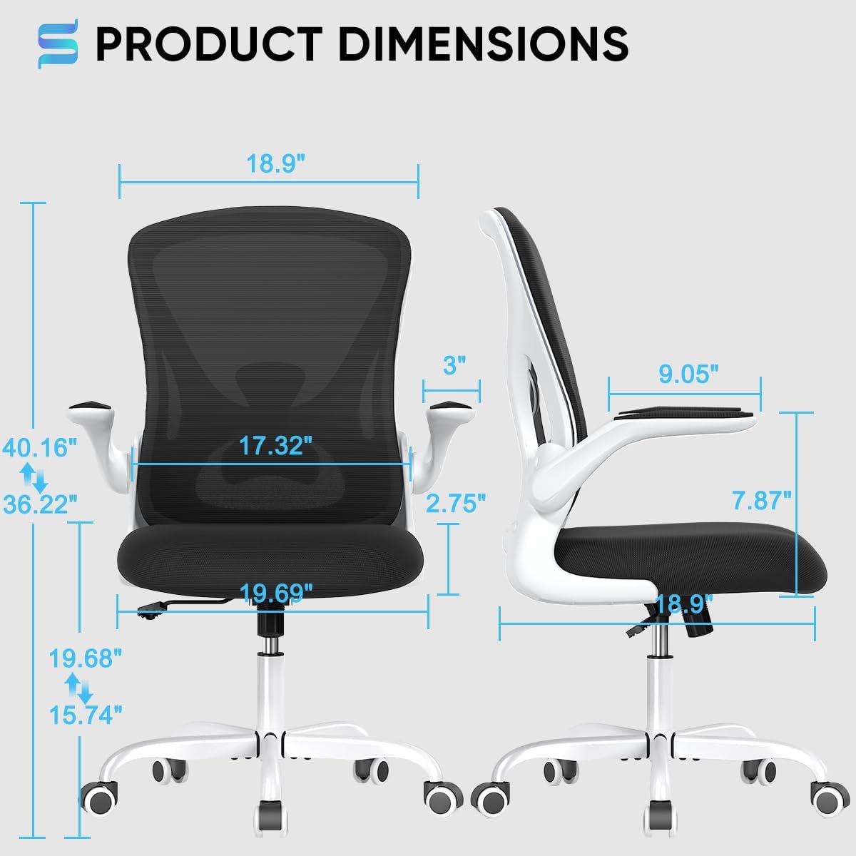 Sytas Ergonomic Desk Chair with Padded Flip up Arms and Supportive Lumbar Support, Breathable Mesh Home Office Chair with Comfortable Cushion for Home or Office(White)