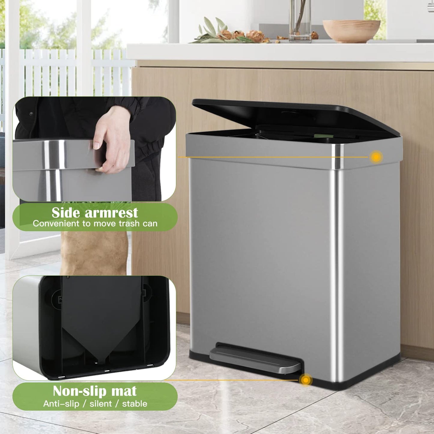 60 Liter Trash Can Soft-Close, Smude Resistant Trash Can with Foot Pedal-Brushed Stainless Steel and Two Independent Drums Waste Bin for Home, Kitchen, Office, Bathroom