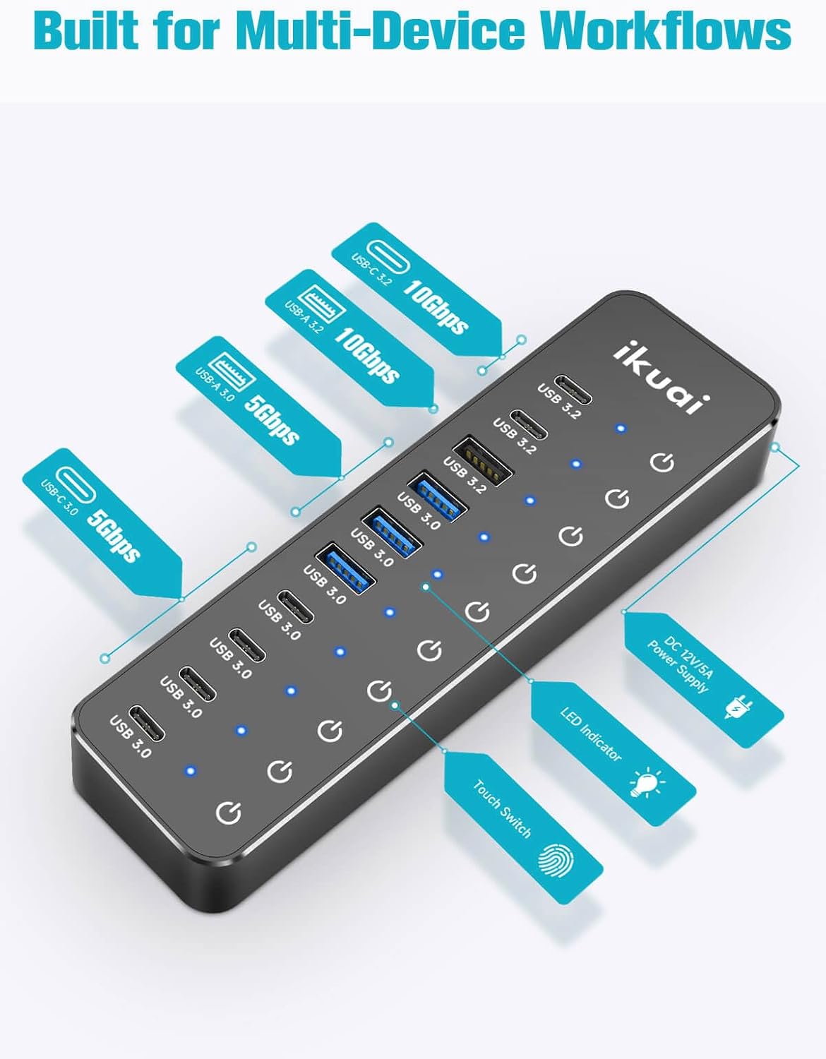 Powered USB Hub, ikuai 10-Port USB 3.2 / USB C Hub, with 3 10Gbps Data Ports and 7 USB 3.0 Ports (4 USB-C + 3 USB-A) for Mac PC Laptops and More