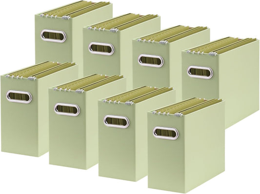 Oterri File Organizer, 8 Packs Small Storage Box, Cardboard File Folder Organizer, Collapsible File Box for Hanging File Folders Letter Size, Portable Filing Organizer with Handle (Green