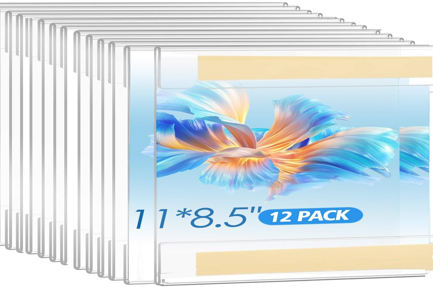 12 Pack 11x8.5 inch Acrylic Sign Holder, Horizontal Clear Plastic Frame for Paper, Wall Mount Sign Holders with Double Side Tape Adhesive for Home, Office, Store, Restaurant