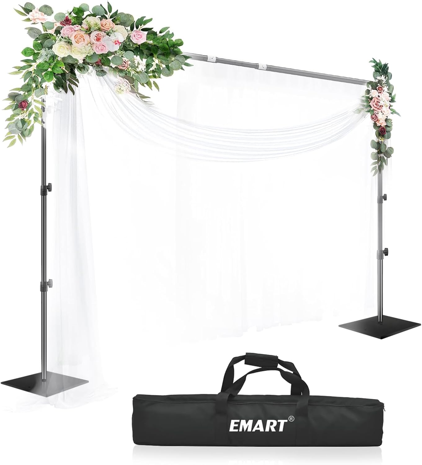 EMART Backdrop Stand, 10x10ft Width Adjustable Photography Background Support Poles with Heavy Duty Flat Base, Photo Metal Steel Pipe and Drape Frame Kit for Parties Birthday Wedding - Black